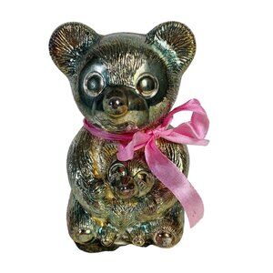 Silver Plated Mama Teddy Bear Baby Cub Bank VTG Coin Savings Child Toddler Decor